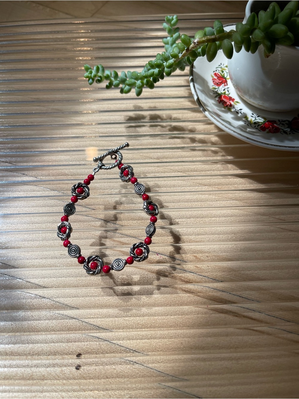 Handmade Red Beaded Silver-Tone Bracelet - Women Jewelry - Picture 2 of 2